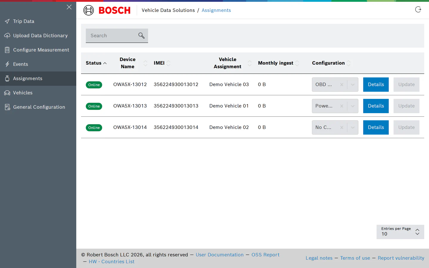 Assignments page listing three online devices with their vehicles, monthly ingest and configuration