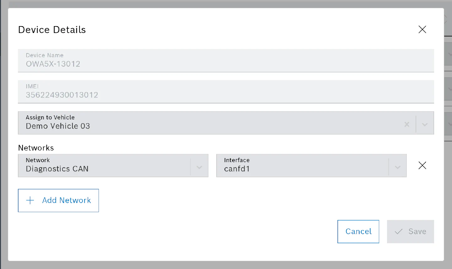Device Details dialog with the vehicle assignment and one bus mapped to canfd1