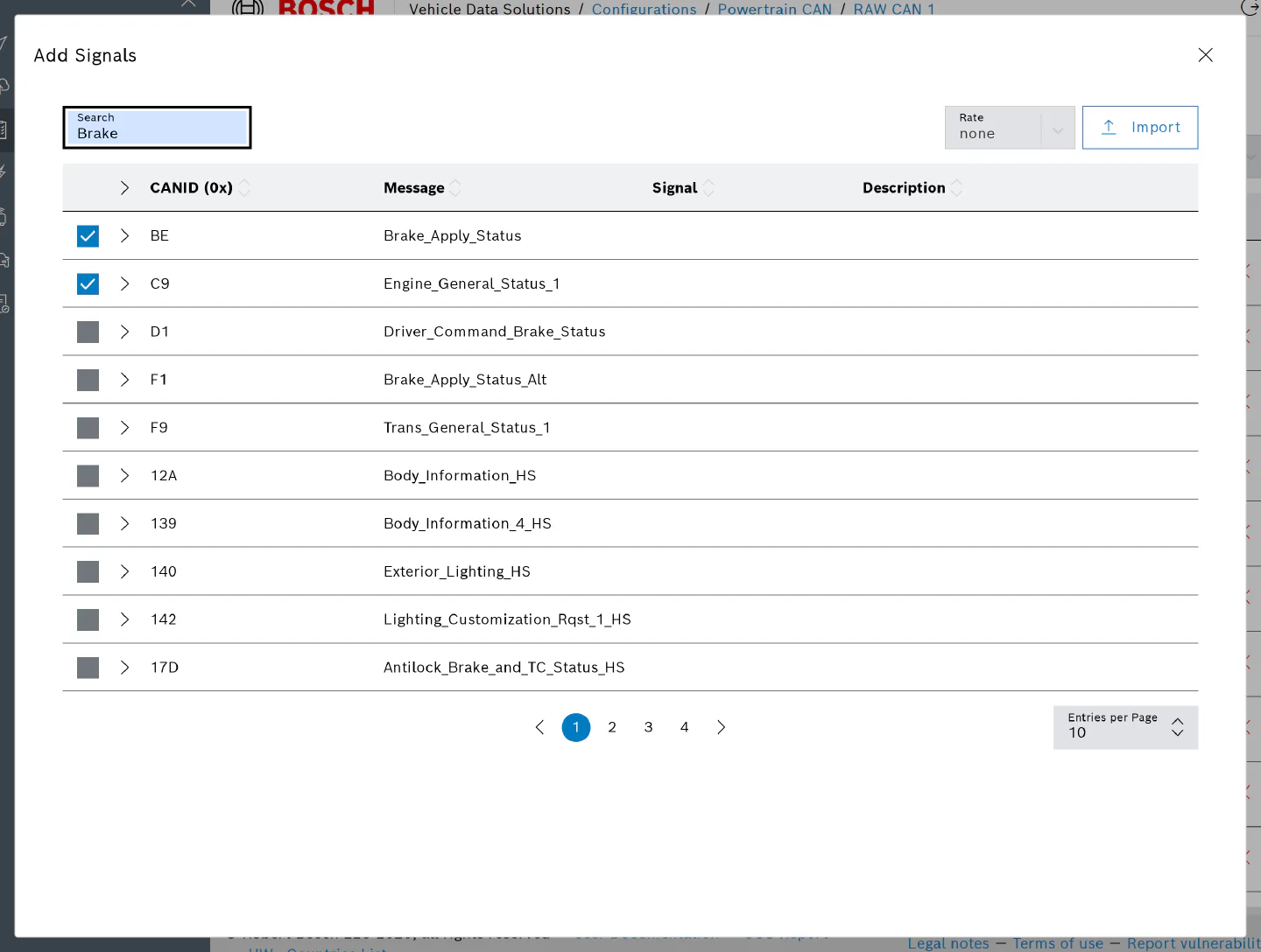 Add Signals dialog filtered to messages containing Brake