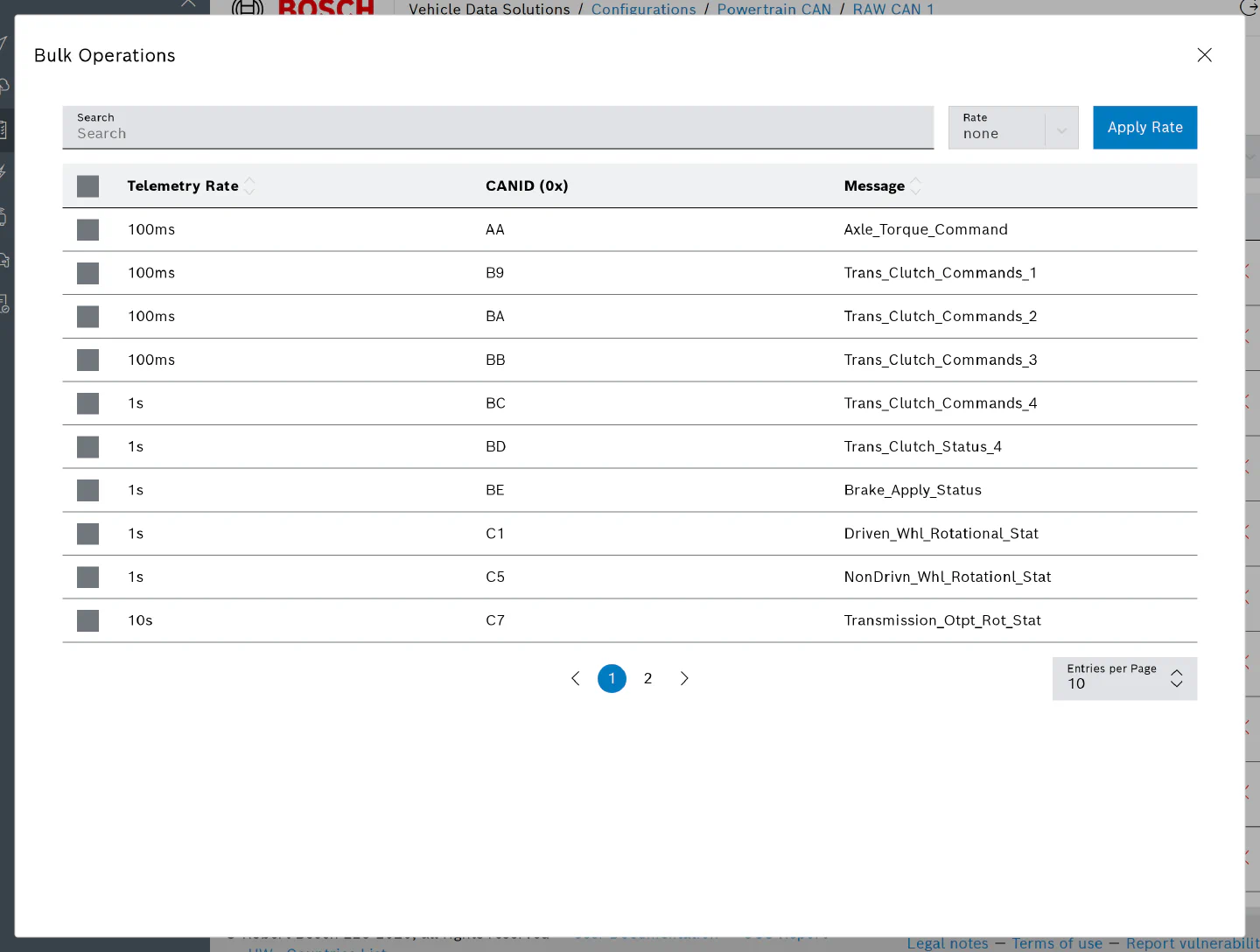 Bulk Operations dialog for the CAN channel