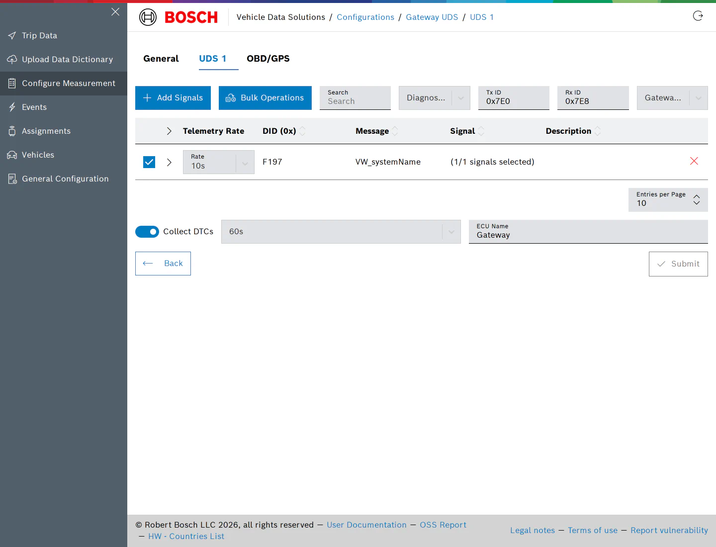 UDS tab with one identifier selected and DTC collection enabled
