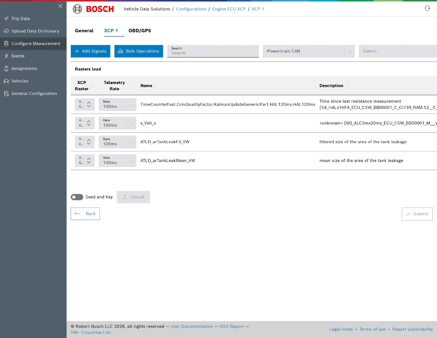 XCP tab with four measurements, the Rasters load section and the Seed and Key toggle