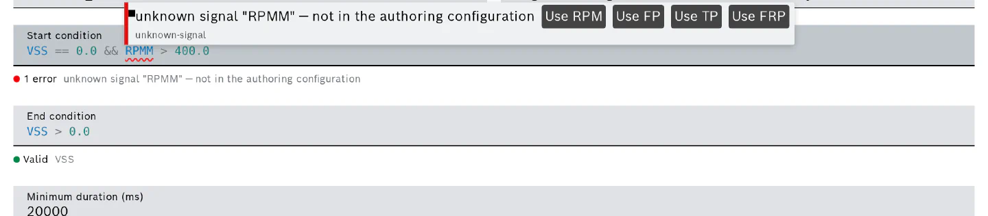 An unknown signal underlined, with the message and replacement suggestions