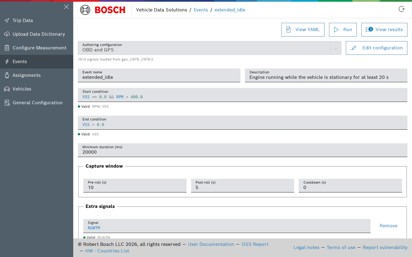 Event editor with authoring configuration, conditions and capture window filled in