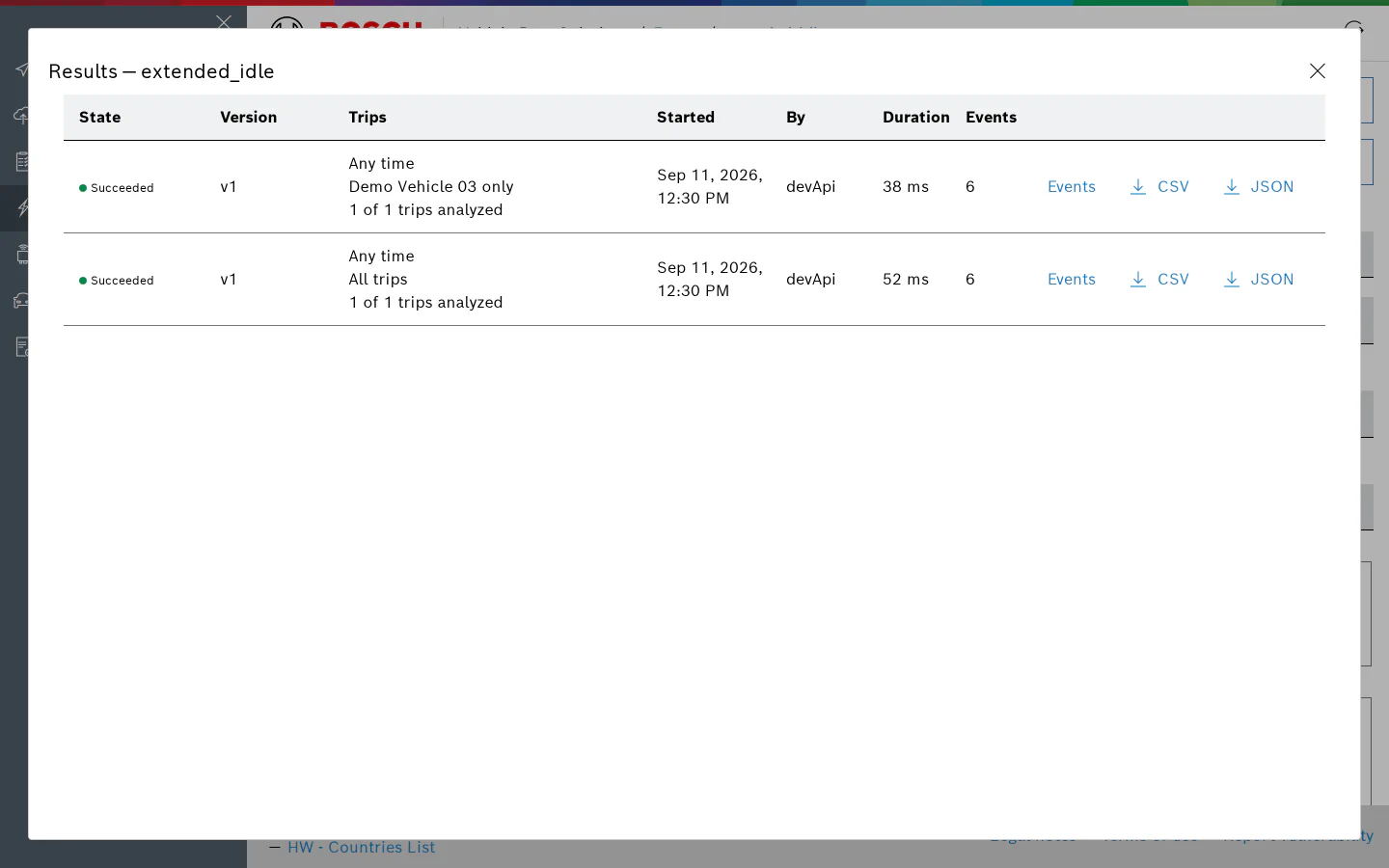 Results dialog listing the runs of a definition