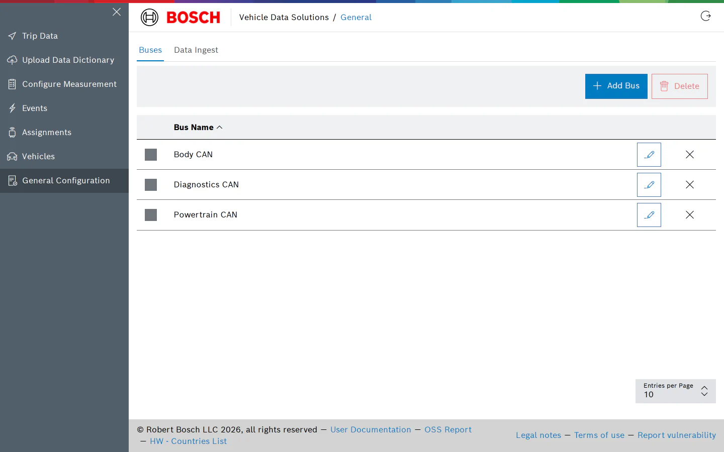Buses tab of the General Configuration page