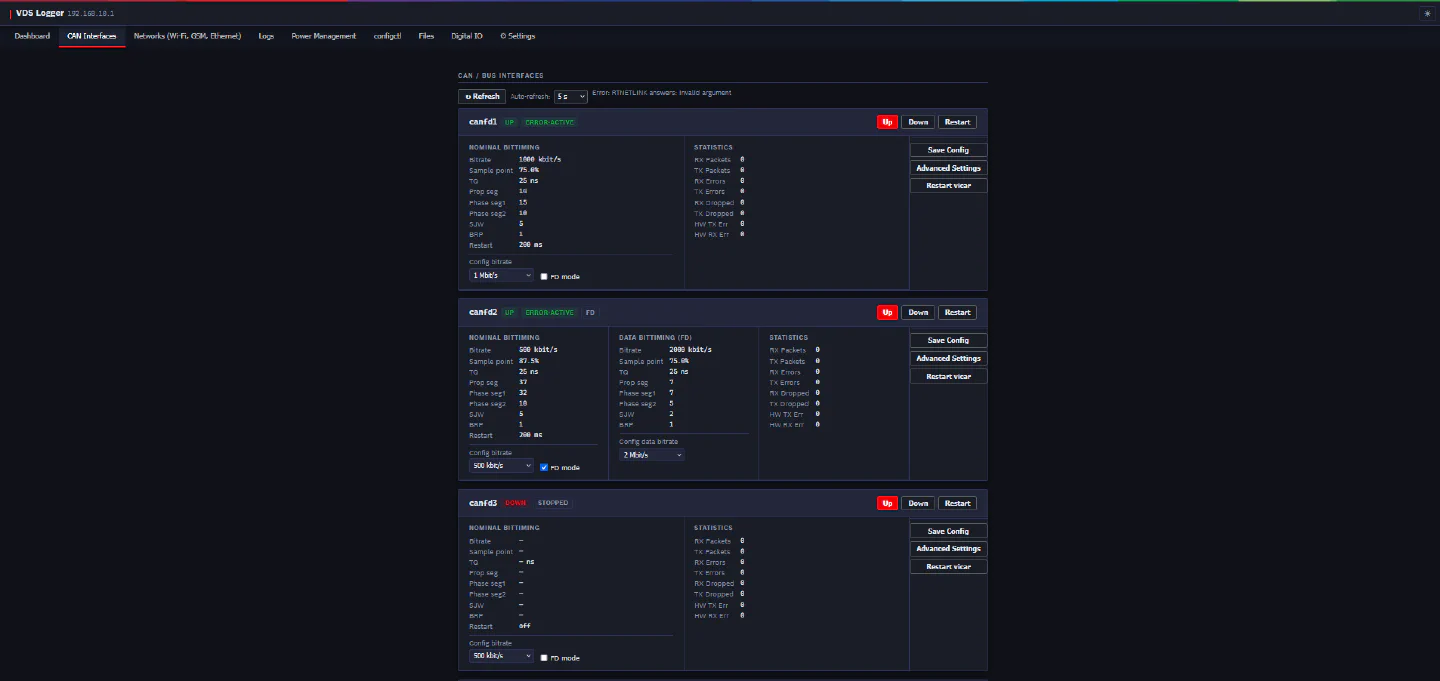 vdswebmgr CAN Interfaces tab
