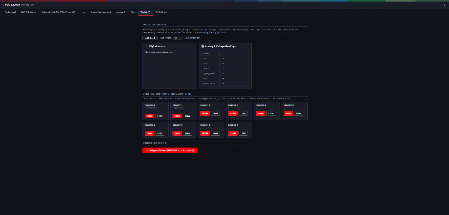 vdswebmgr Digital IO tab