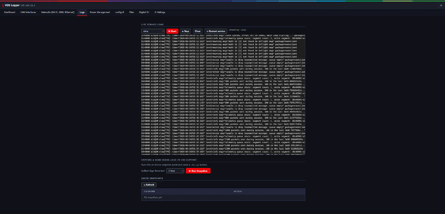 vdswebmgr Logs tab