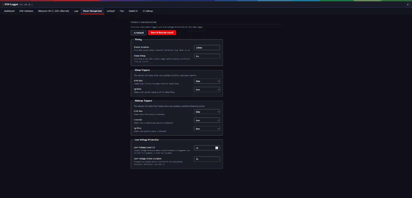 vdswebmgr Power Management tab