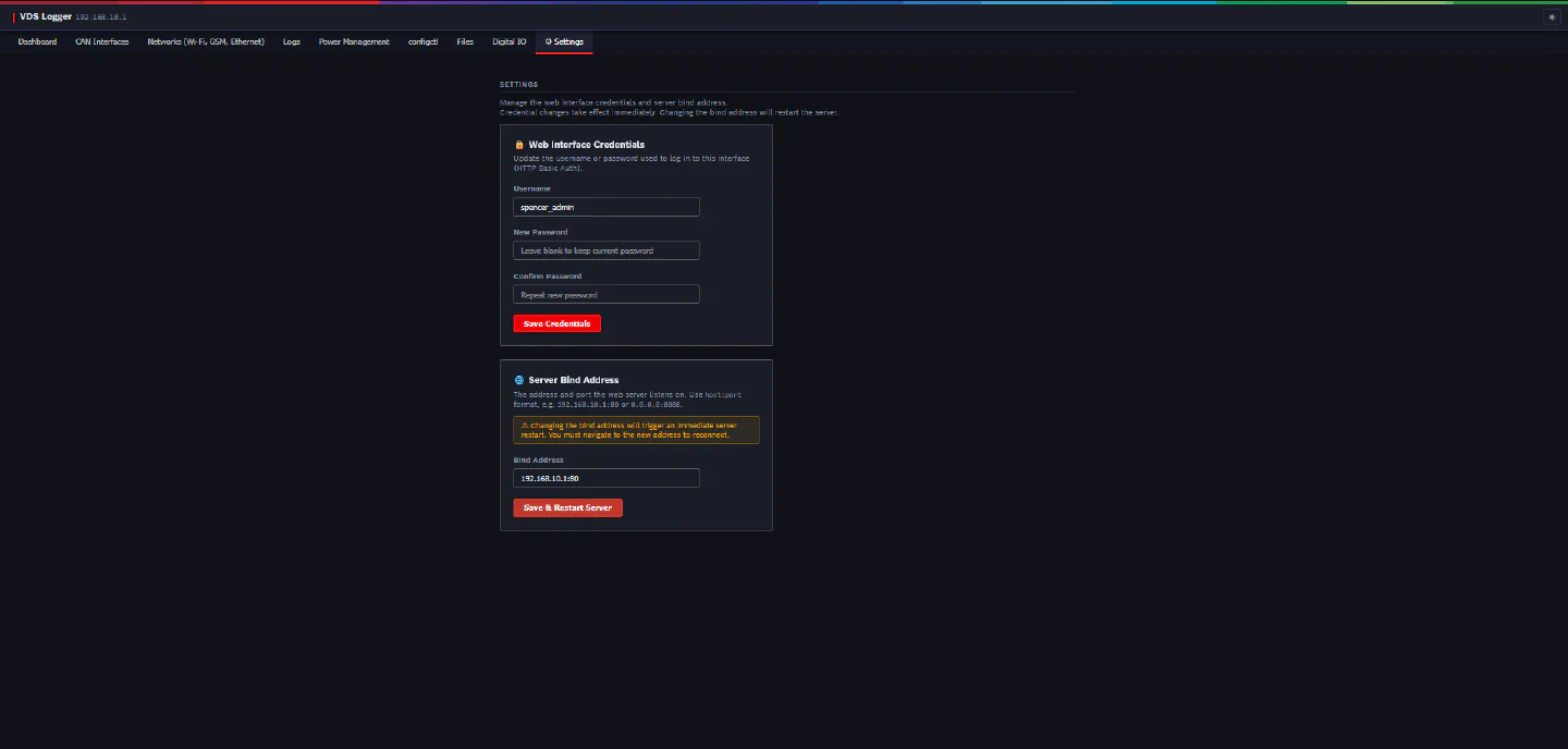 vdswebmgr Settings tab