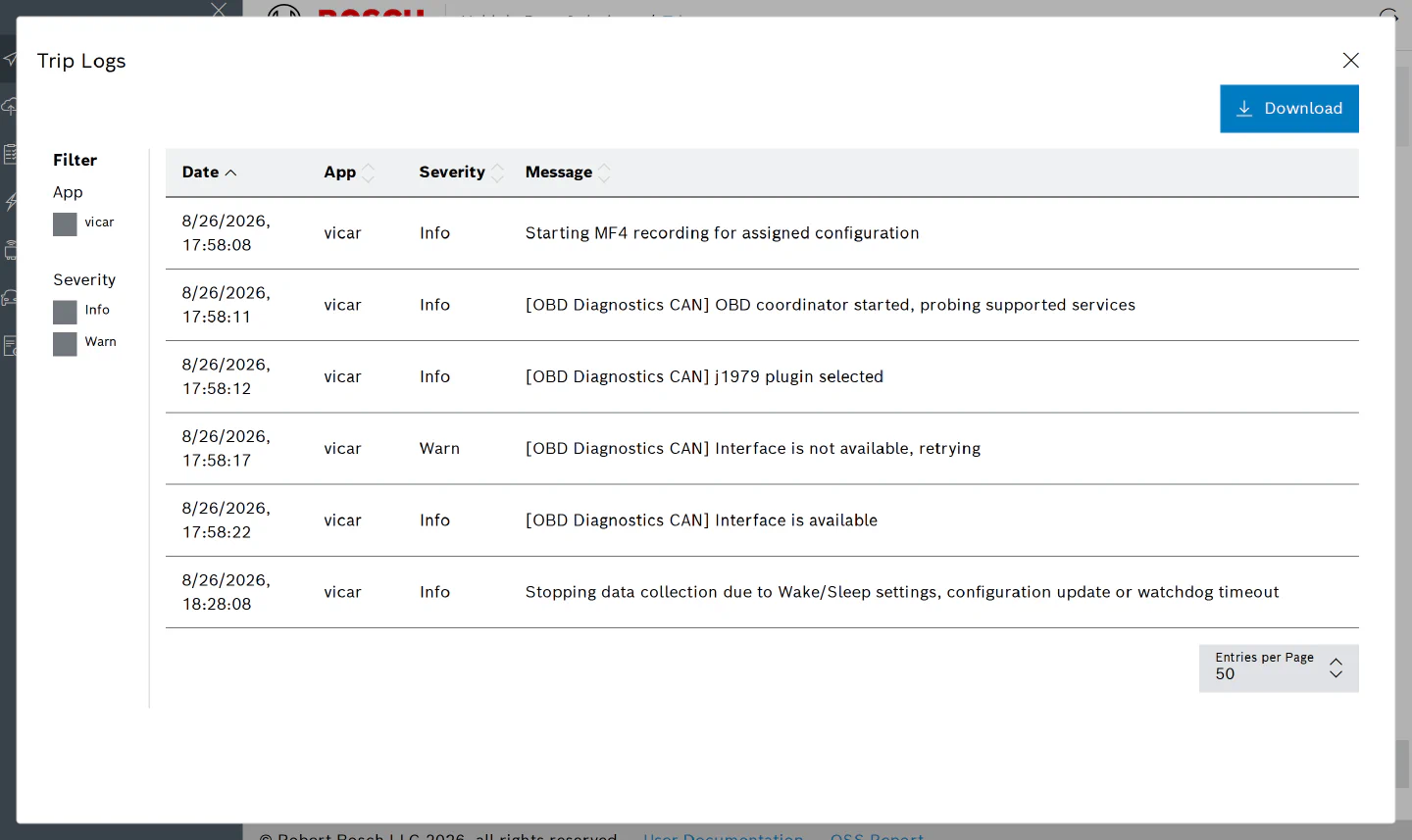 Trip Logs dialog with the messages of one trip