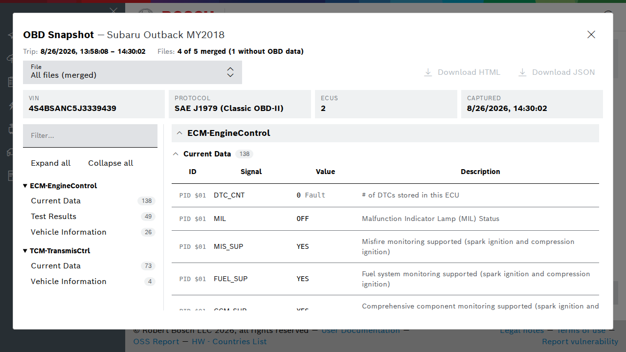OBD snapshot merged across all files of a trip