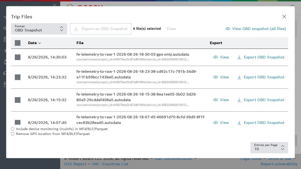 Trip files with the OBD Snapshot format selected