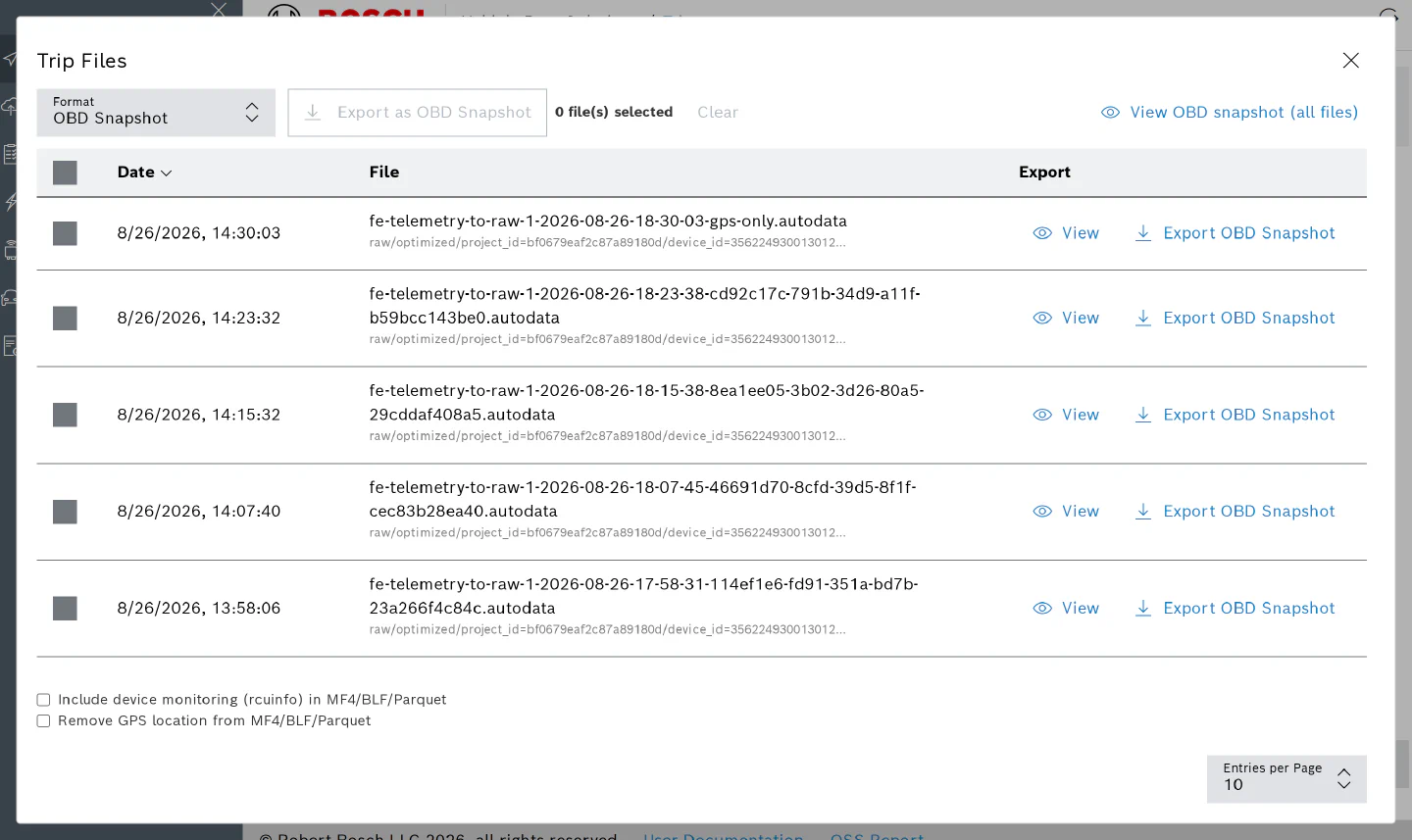 Trip Files dialog with the OBD Snapshot format selected, showing the View buttons