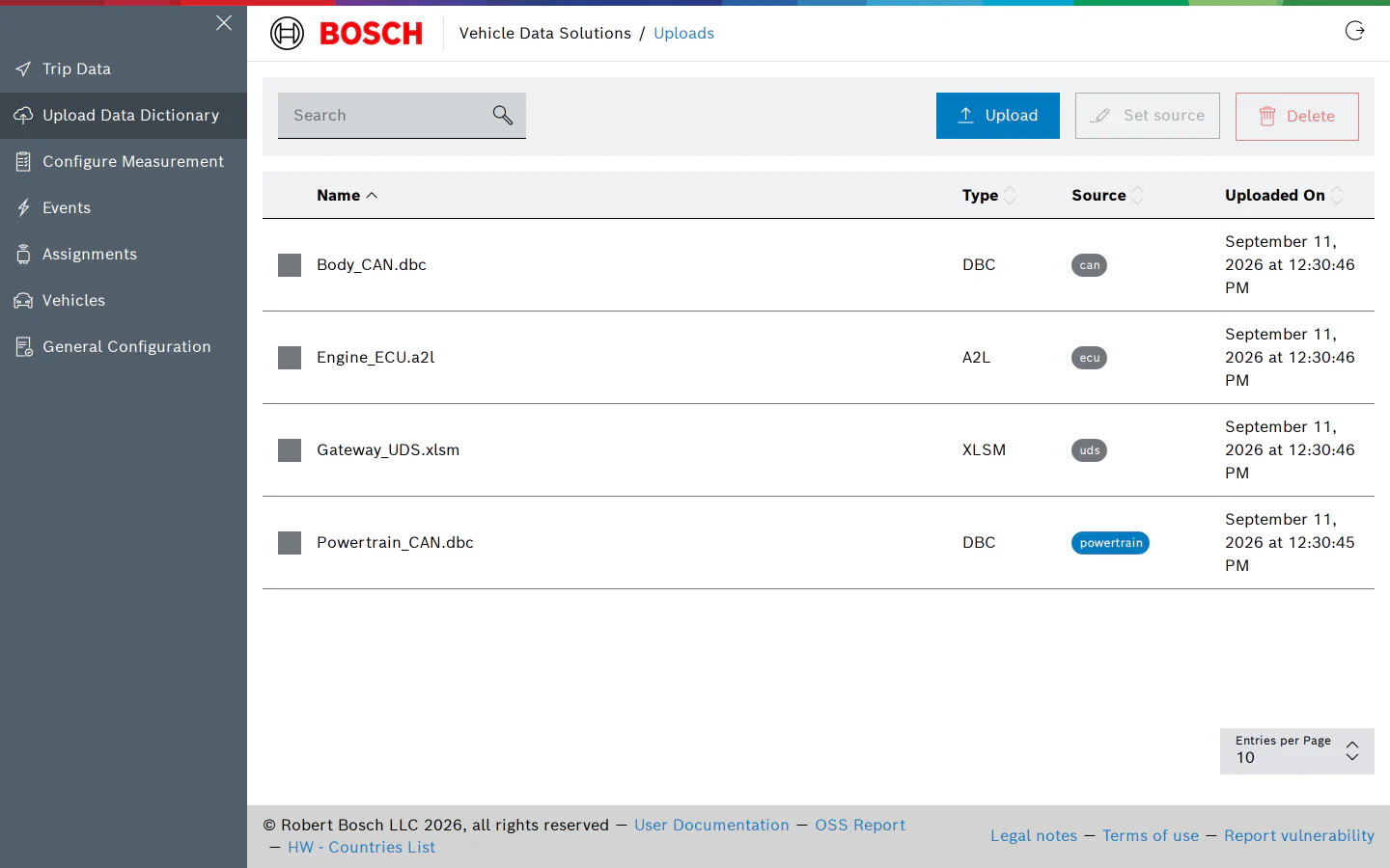 Upload Data Dictionary page listing four dictionaries with their type and source
