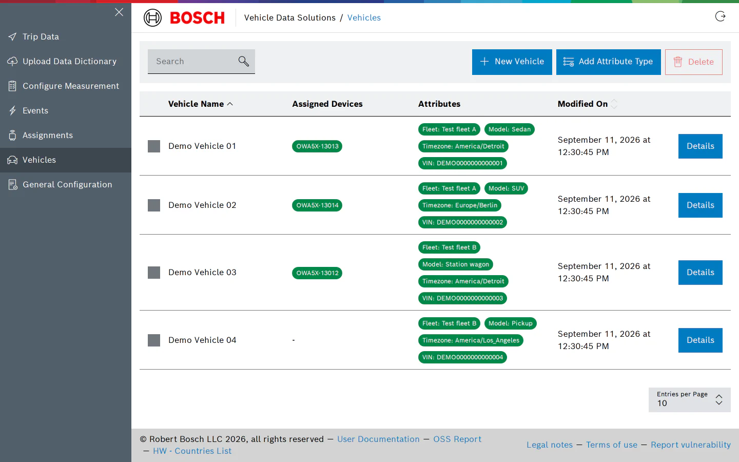 Vehicles page listing four vehicles with their attributes